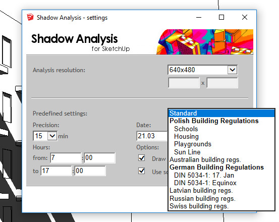 Shadow Analysis 1.4 - New presets for german norm DIN 5034-1 amd swiss Canton of Zurich